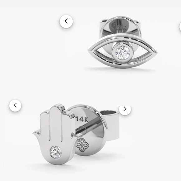 NWT Designer 14k White Gold and Diamond Hamsa and Evil Eye Earring Studs - Picture 1 of 12